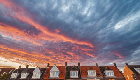 Sunset over the roofs of houses in the Netherlands. Dramatic cloudscape.の素材