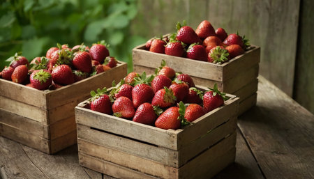 Strawberries in wooden boxes on a rustic wooden background.の素材