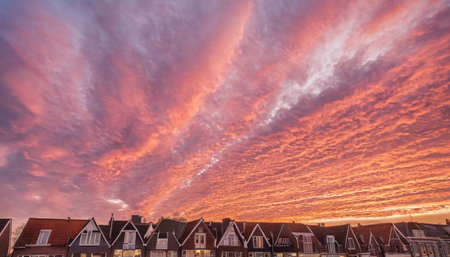 Sunset over houses in Bruges, West Flanders, Belgiumの素材