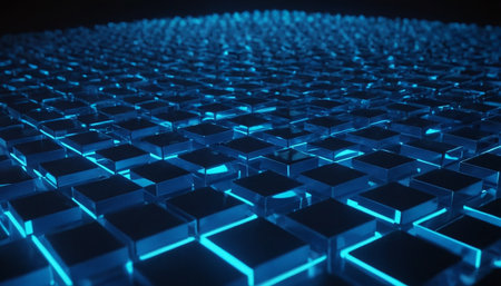 Abstract 3d rendering of blue glowing cubes in empty space. Futuristic technology background.の素材