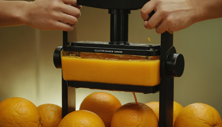 Orange juice being squeezed in a juicer with oranges in the backgroundの素材