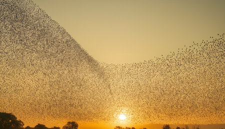 a flock of starlings at sunset. A flock of starlings is flying in the sky.の素材