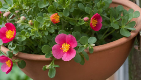Portulaca oleracea flower in a terracotta potの素材