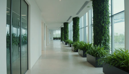 Interior of a modern office building, corridor with plants and windowsの素材