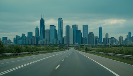 View of the Chicago skyline from the highwayの素材