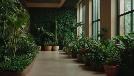 Interior of a beautiful green garden with plants in pots and large windowsの素材