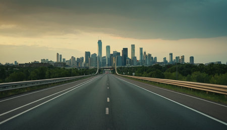 Highway in Chicago, Illinois, USA. Skyscrapers in the background.の素材