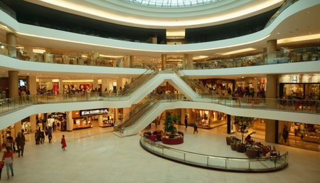 Interior of a shopping mall with people walking in the shopping centerの素材