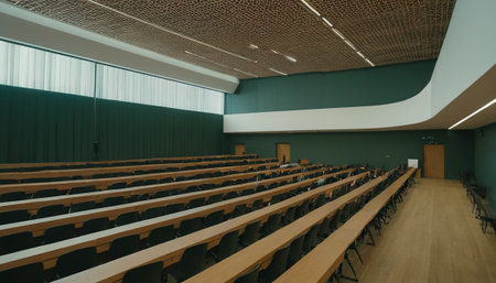interior of a conference hall with rows of chairs and green wallsの素材
