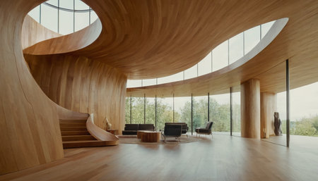 Modern architecture, interior of modern office building, hall with wooden elementsの素材