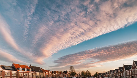 Sunset over the city of Haarlem in the Netherlands.の素材