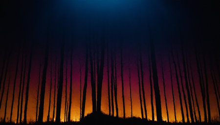 Silhouette of trees in the forest at night with blue skyの素材