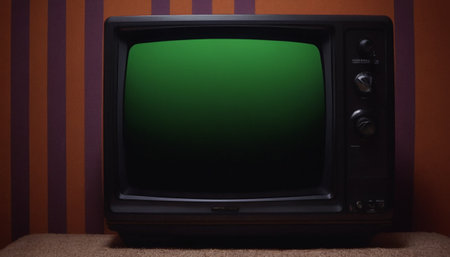 Retro television with green screen on wall background. Television concept.の素材