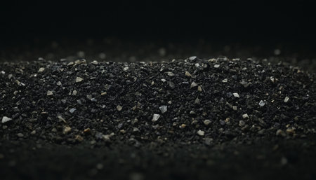 Pile of black soil on black background. Close-up.の素材