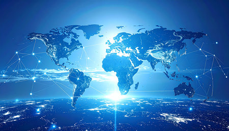 Global network connection on blue background. Elements of this image furnished by NASAの素材