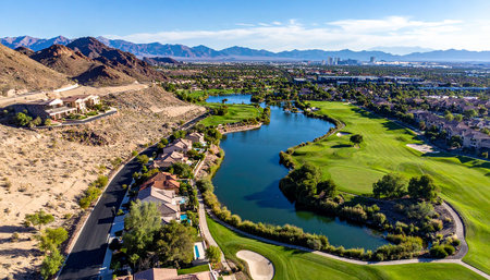 Aerial view of the golf course in Las Vegas, Nevada.の素材