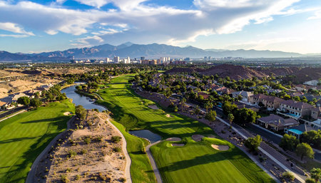 Aerial view of golf course in Las Vegas, Nevada, USAの素材