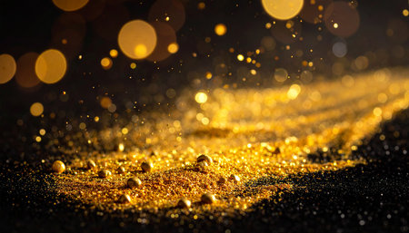 Golden glittering background with bokeh defocused lights and sparkles.の素材