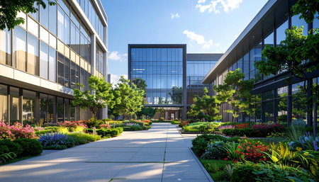Modern office building with beautiful landscaped garden and walkway, Business conceptの素材