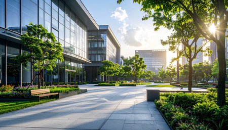 empty walkway and modern office building in the city of China.の素材