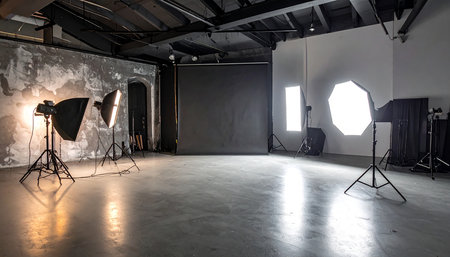 Interior of a photo studio with professional lighting equipment and lighting equipmentの素材
