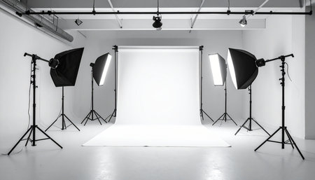 Empty photo studio with lighting equipment and white wall. 3d renderingの素材