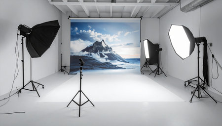 Blank photo studio with professional equipment. 3d render background.の素材