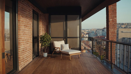 Modern balcony with panoramic view of the city. 3d renderingの素材