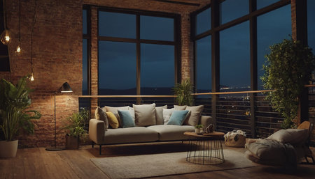 Interior design of modern loft living room with night view. 3D renderingの素材