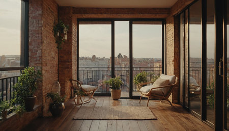 Modern loft interior design. Living room with panoramic window and city viewの素材