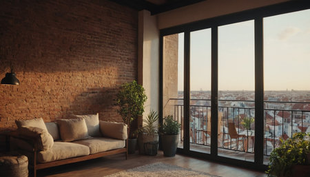 Modern living room interior with panoramic view. 3d renderの素材