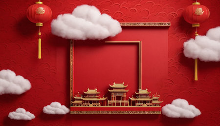 Chinese New Year background with gold frame and clouds. 3D renderingの素材