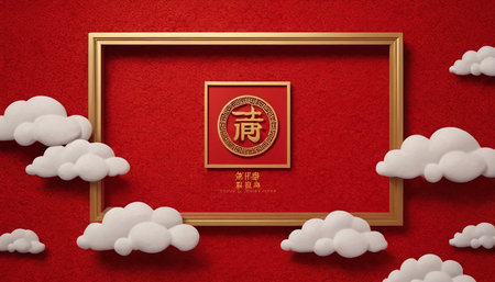 Chinese New Year greeting card with clouds and gold frame on red backgroundの素材