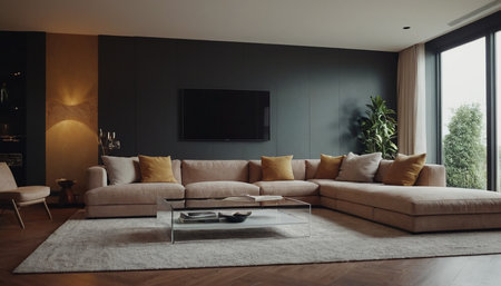 Modern living room interior with sofa and TV on wall. 3d renderingの素材