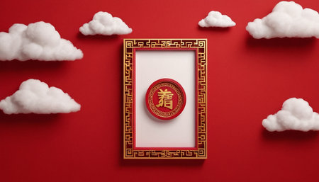Chinese New Year decoration with clouds and gold frame on red background.の素材