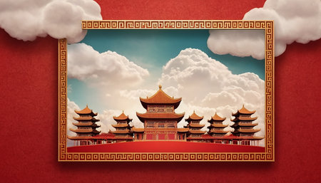 Chinese ancient architecture landscape in paper art style with cloud and sky.の素材