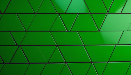 Abstract 3d rendering of chaotic green geometric shapes. Reflective surface made of triangular elements.の素材