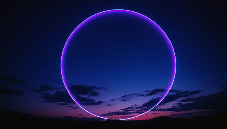 Purple neon circle in the night sky with space for your textの素材
