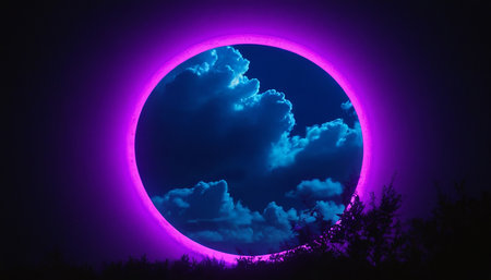 Purple full moon on the background of the night sky with cloudsの素材