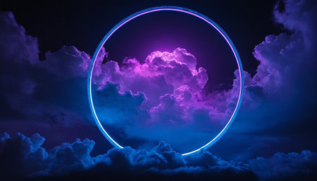 Abstract background with neon circle and purple clouds. 3D Renderingの素材