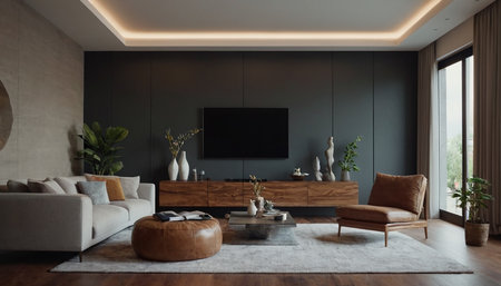 Modern living room interior design with wooden furniture and tv. 3d renderingの素材