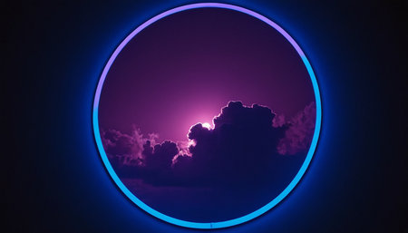 Abstract futuristic background with round neon frame in the dark, purple and blue colorsの素材