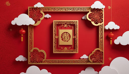 Chinese New Year greeting card with clouds, lanterns and gold frameの素材