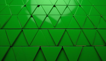 Pattern of green triangle prisms with green sphere. Wall of prisms. Abstract 3d rendering illustration.の素材