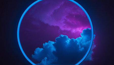 3D Illustration of a Purple Cloudy Sky with a Circleの素材