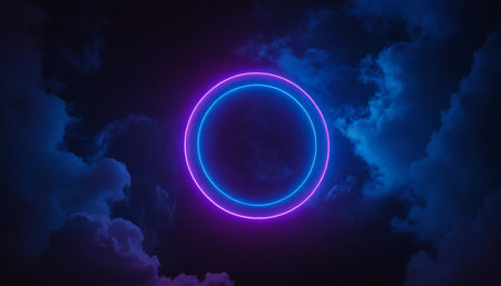 Glowing neon circle on dark blue background. Glowing circle on dark cloud background. 3D renderingの素材