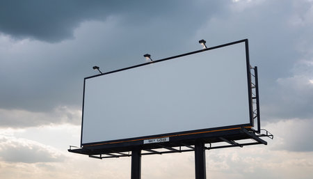 Blank billboard for advertisement with seagulls on sky backgroundの素材
