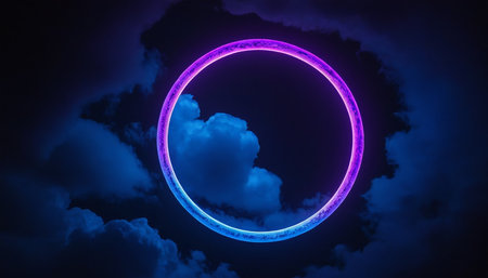 Abstract neon circle on dark background. Glowing neon circle on dark backgroundの素材