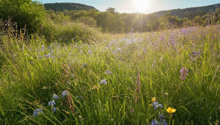 Sunset over the meadow with blue wildflowers in summerの素材