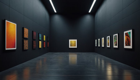 3d render of modern art gallery interior with empty frames on wallの素材